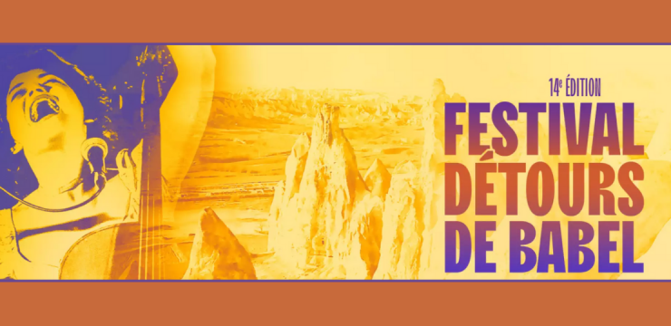Affiche du festival jaune et violette avec les inscriptions "Festival Détours de Babel"